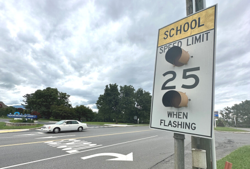 School zone sign in front of Bedford Elementary